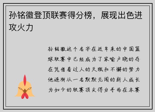 孙铭徽登顶联赛得分榜，展现出色进攻火力