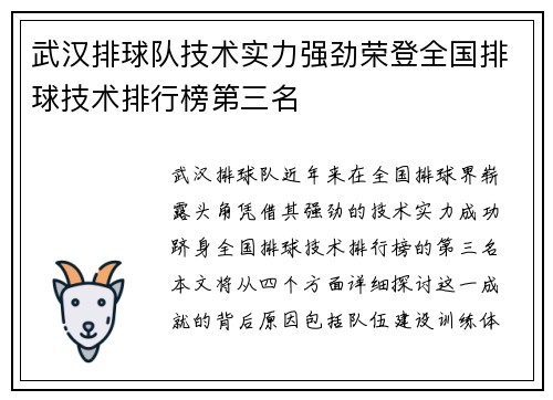 武汉排球队技术实力强劲荣登全国排球技术排行榜第三名