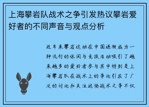 上海攀岩队战术之争引发热议攀岩爱好者的不同声音与观点分析