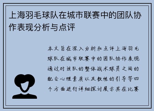 上海羽毛球队在城市联赛中的团队协作表现分析与点评