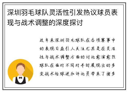深圳羽毛球队灵活性引发热议球员表现与战术调整的深度探讨