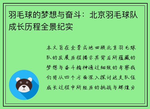 羽毛球的梦想与奋斗：北京羽毛球队成长历程全景纪实
