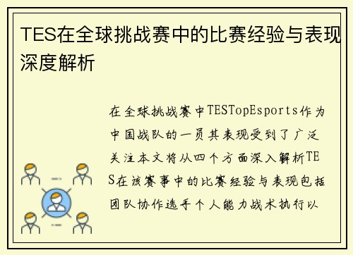 TES在全球挑战赛中的比赛经验与表现深度解析