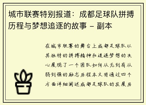 城市联赛特别报道：成都足球队拼搏历程与梦想追逐的故事 - 副本