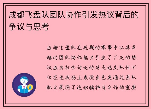 成都飞盘队团队协作引发热议背后的争议与思考
