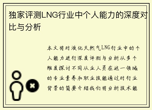 独家评测LNG行业中个人能力的深度对比与分析